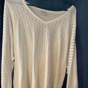 Cream Embellished Long Sleeve Blouse with V-Neck